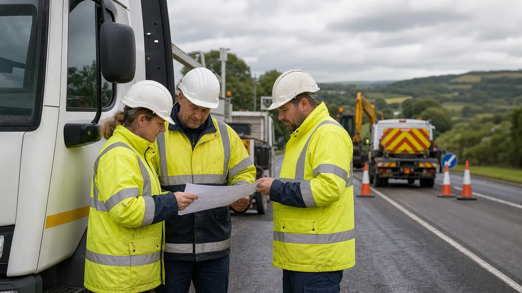 DfI workers reviewing plans at roadside
